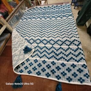 HandWoven Dark Turquoise Throw Blanket Geometric  Contemporary Diamond Tassels